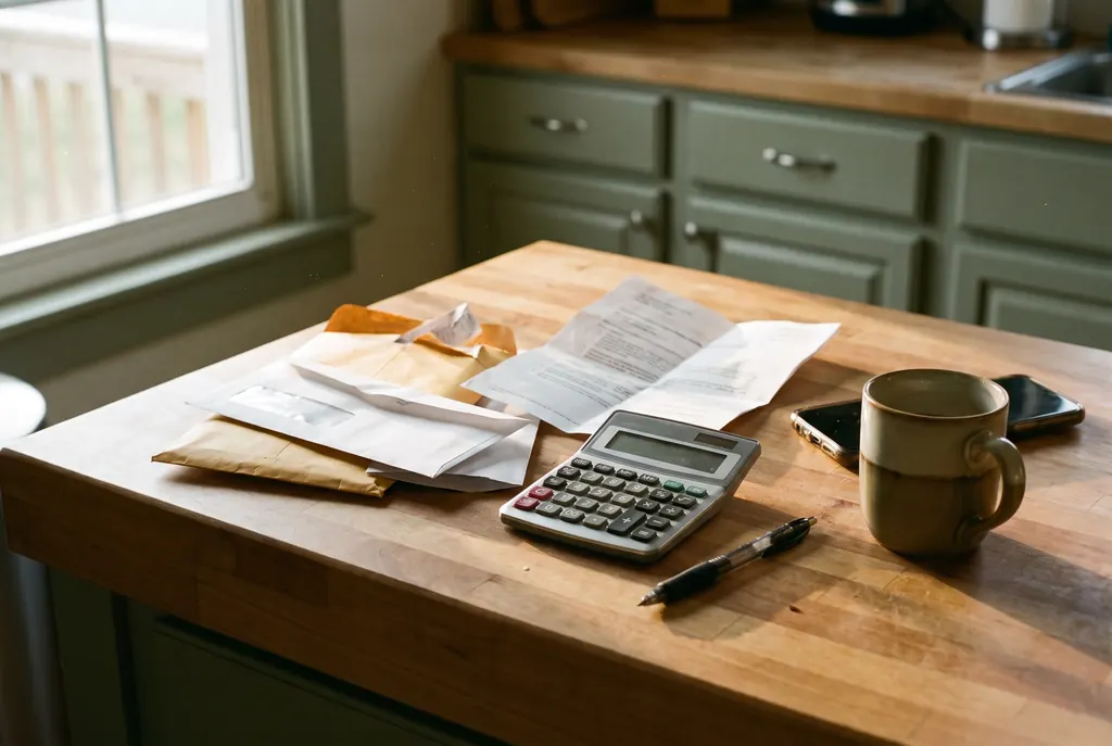 Opened bills, a calculator, a pen and a coffee mug on a kitchen counter in morning light.