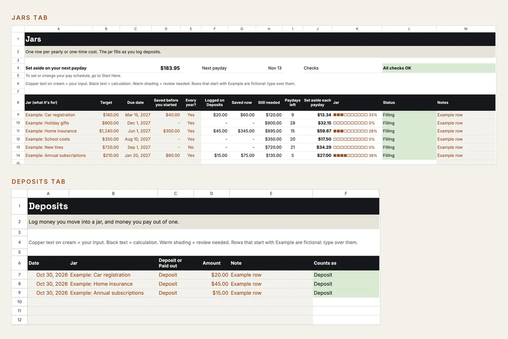 The Jars tab above the Deposits tab in Google Sheets: six fictional jars with target, due date, paydays left and what to set aside each payday, and three logged deposits.