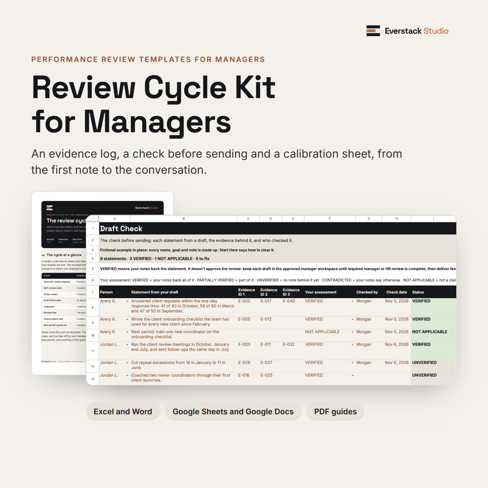 Review Cycle Kit for Managers title image: a Review Guide page behind the Draft Check tab in Google Sheets, where each fictional statement shows a status such as VERIFIED or UNVERIFIED.