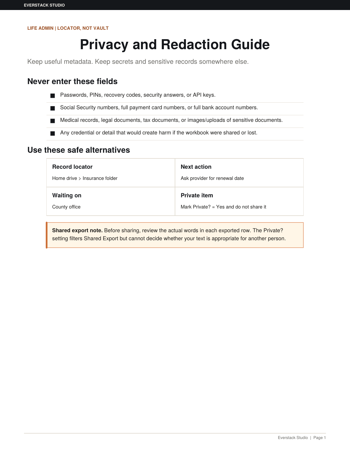 First page of the Life Admin privacy and redaction guide.