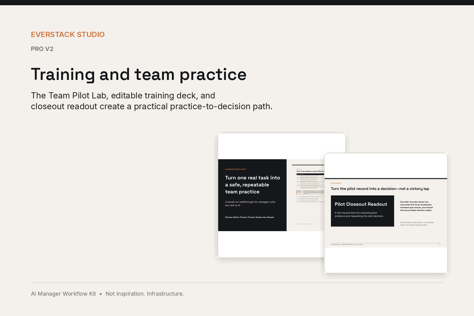Editable Pro training and closeout deck slides showing review practice and the pilot decision path