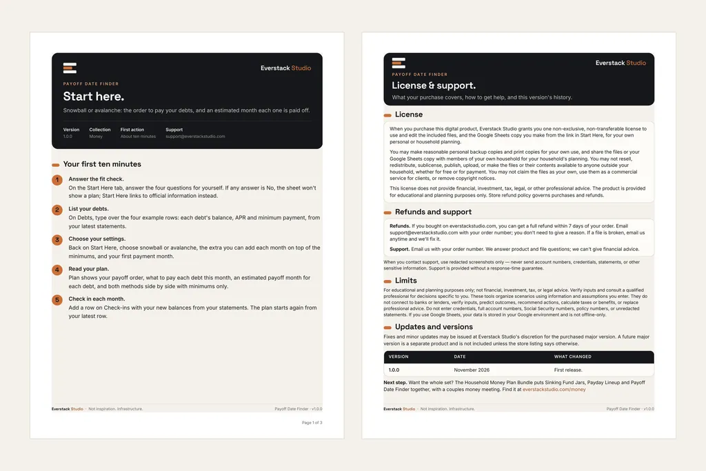 Page 1 of the Start Here PDF, with the first ten minutes as numbered steps, beside page 1 of the License and Support PDF.