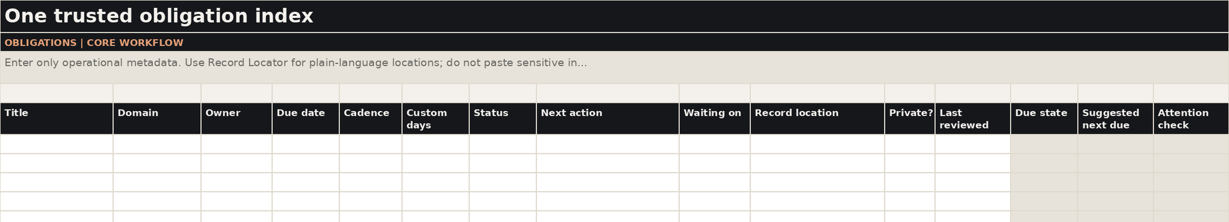 Life Admin Obligations worksheet with editable responsibility fields.