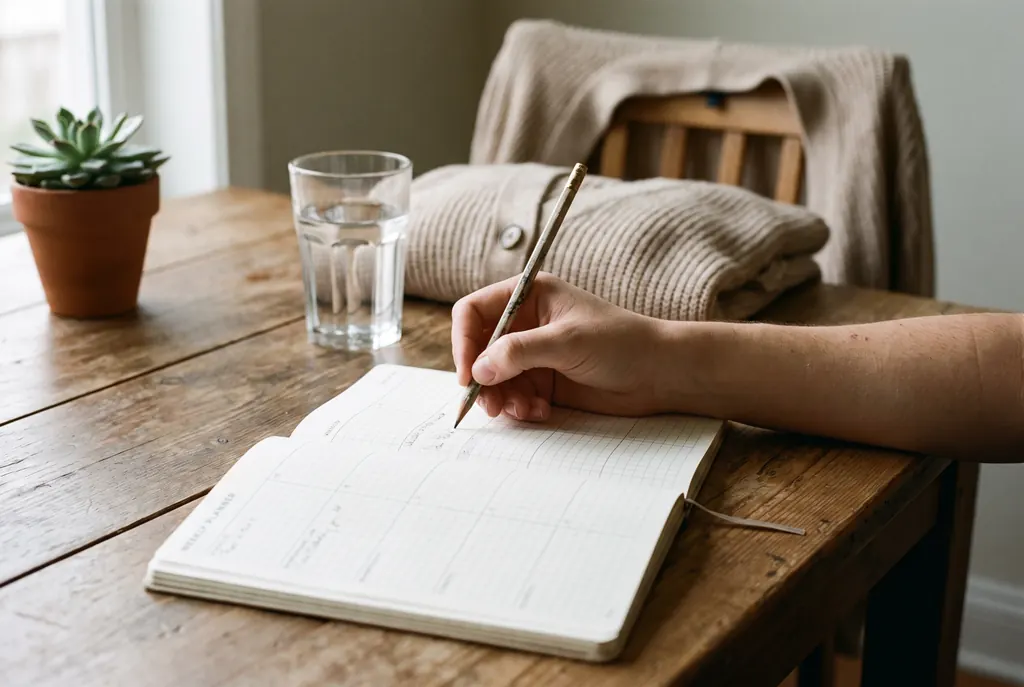 A hand writing in a paper weekly planner on a wooden table beside a glass of water and a plant.