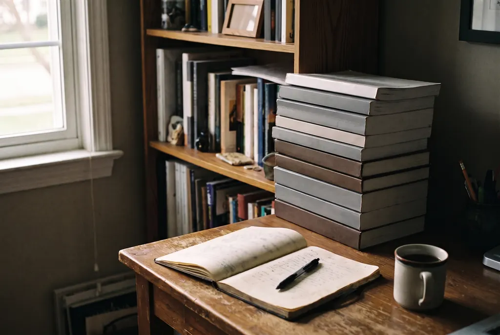 A stack of study guides set aside on a desk next to an open notebook of handwritten notes.