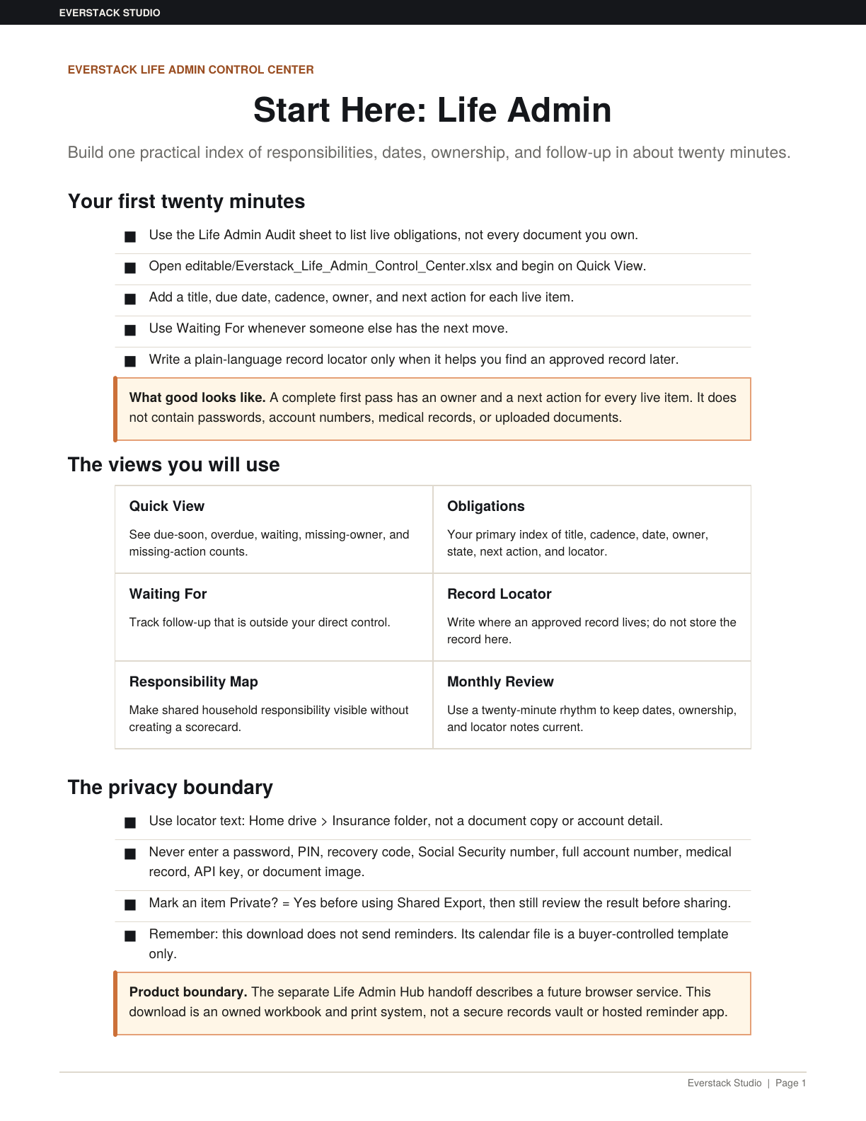 First page of the Life Admin Control Center Start Here guide.
