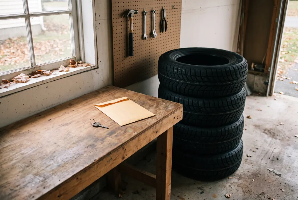 A stack of new winter tires beside a garage workbench with a car key and an envelope.