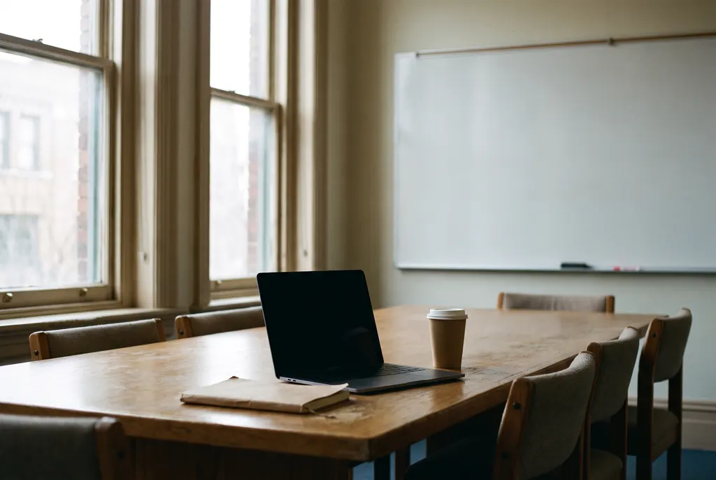 An empty conference room with a clean whiteboard, a laptop and a coffee cup.