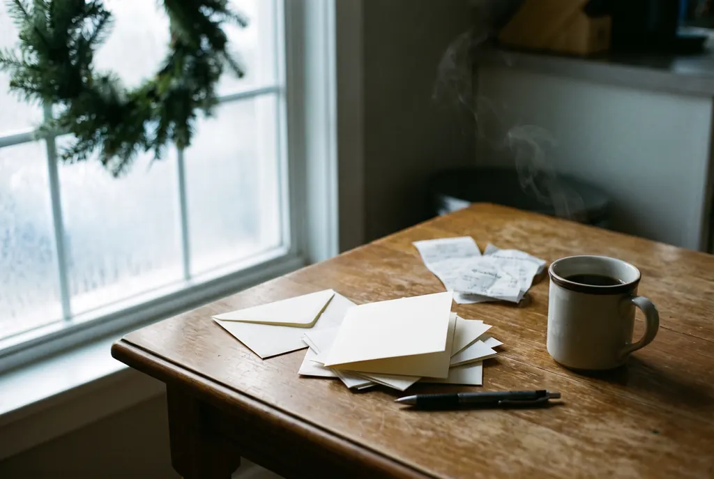 Blank holiday cards, envelopes, receipts and a coffee on a kitchen table by a frosty window with a wreath.