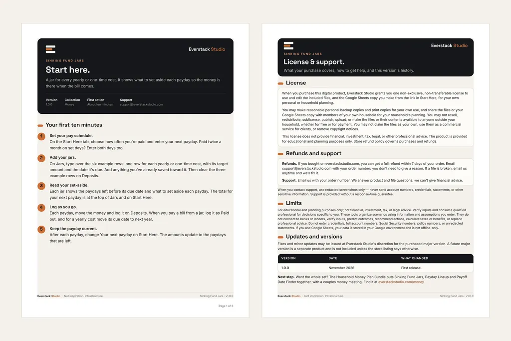 Page 1 of the Start Here PDF, with the first ten minutes as numbered steps, beside page 1 of the License and Support PDF.