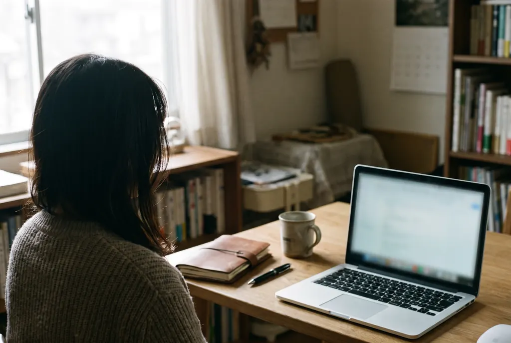 A person working at a laptop in a quiet home office, seen from behind.