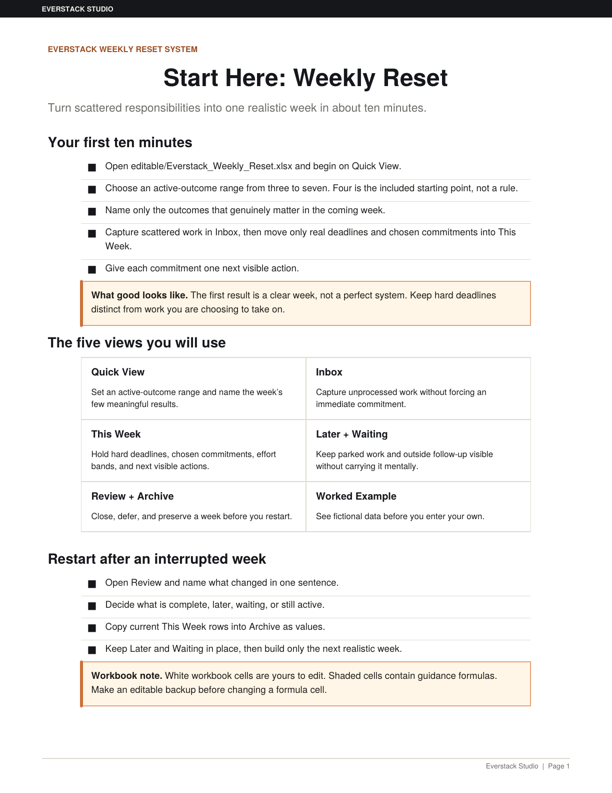 First page of the Weekly Reset System Start Here guide.