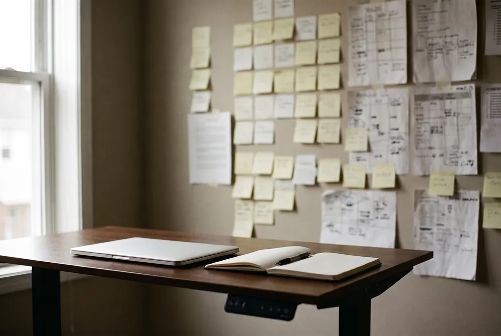 A standing desk with a closed laptop and a notebook in front of a wall of sticky notes and printed timelines.