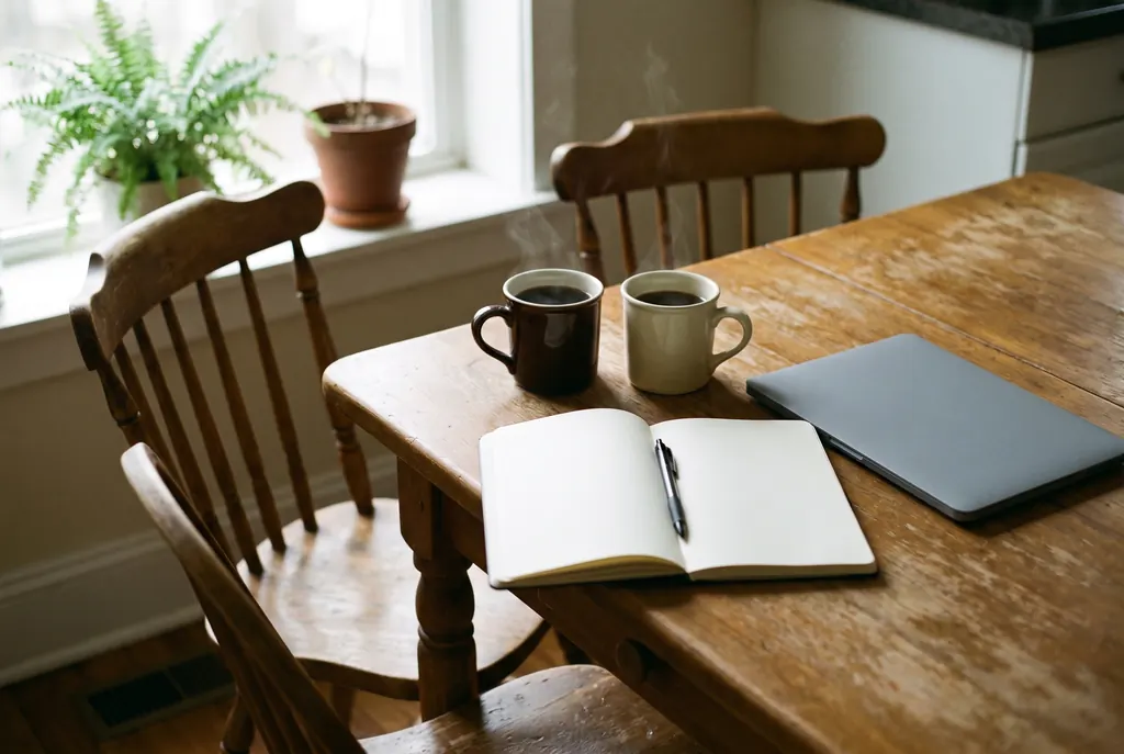 Two mugs of coffee, a shared notebook and a closed laptop on a kitchen table with two chairs.
