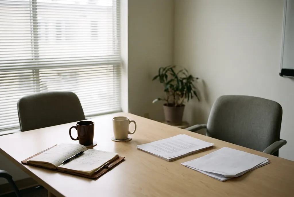 A small meeting room table with two coffee cups, an open notebook and printed pages.