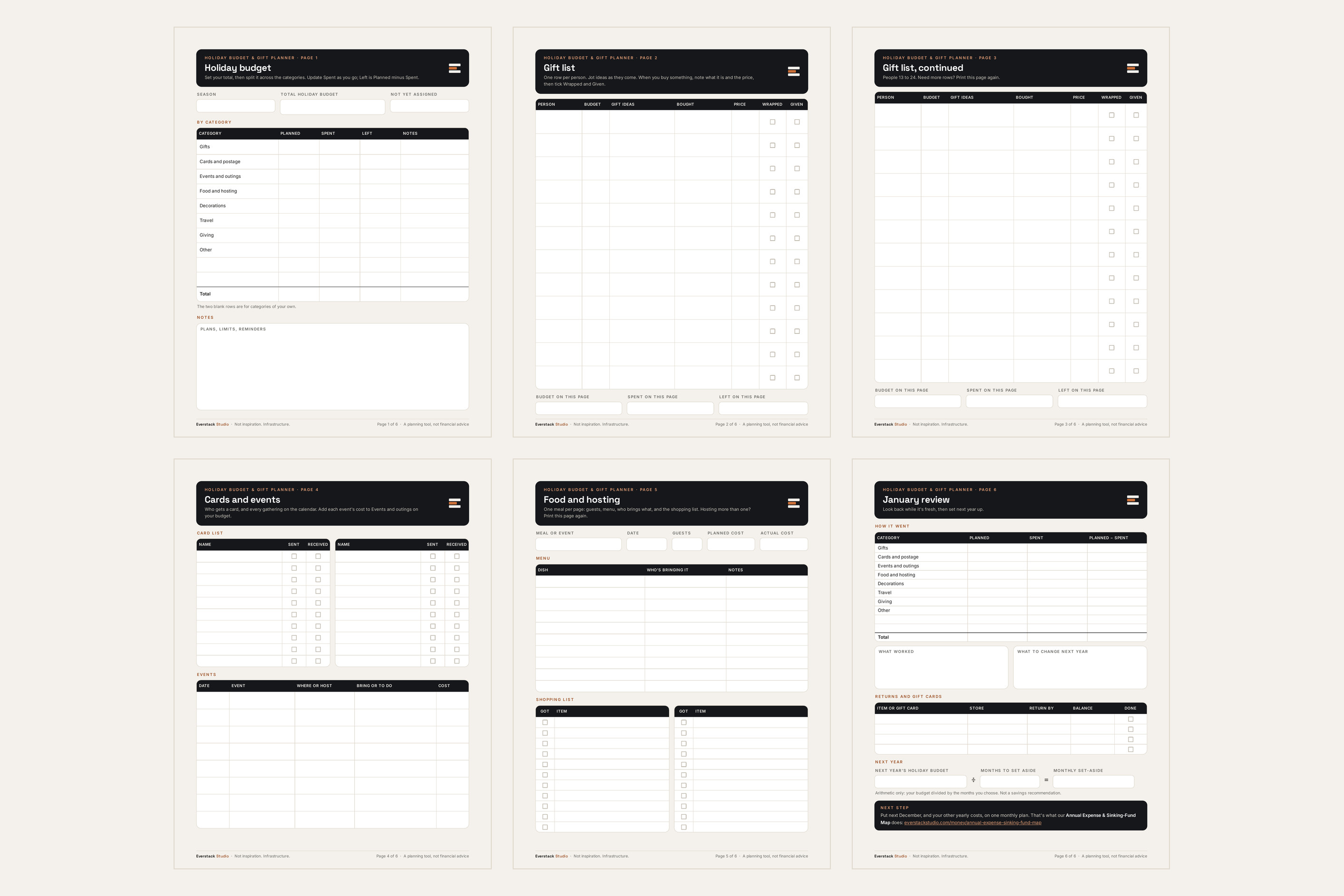 The six pages of the printable planner: holiday budget, gift list, gift list continued, cards and events, food and hosting, and January review.