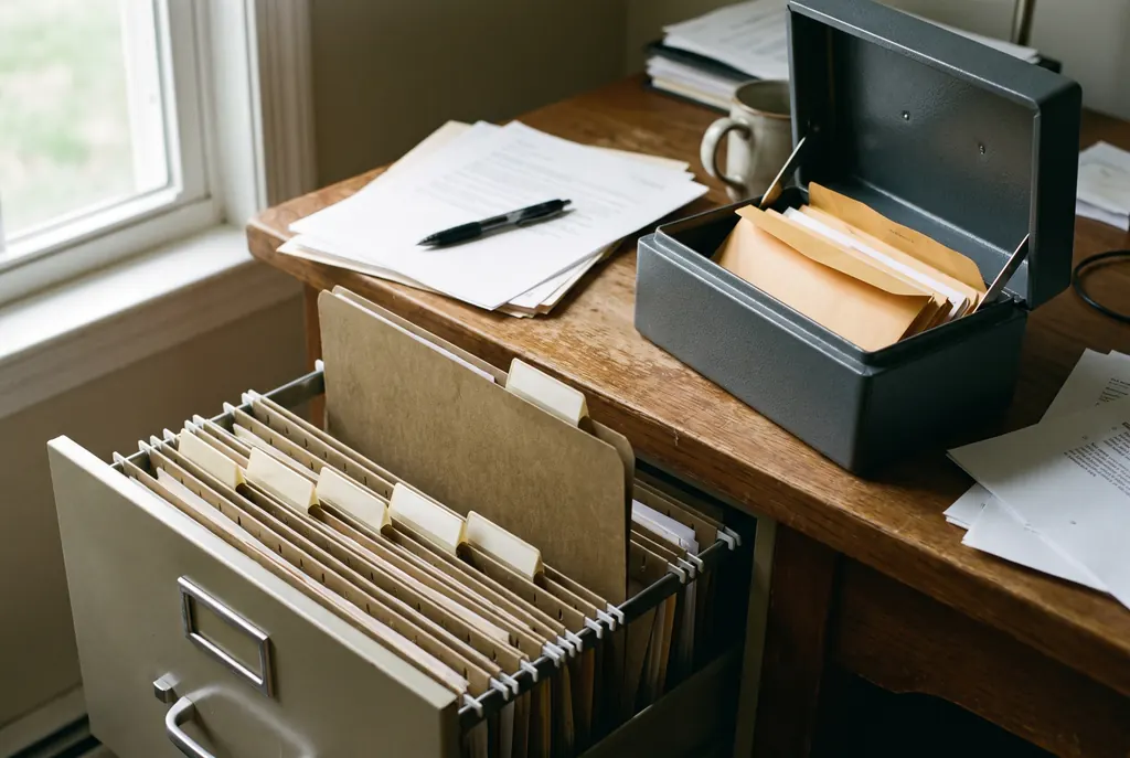 An open filing drawer of hanging folders next to a document box on a desk.